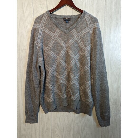 Toscano Lambs Wool Blend Sweater Size 2XL XXL Gray Argyle V neck - Picture 1 of 7